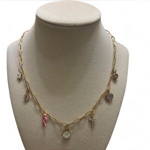 Gold Charm Necklace with Pink Accents